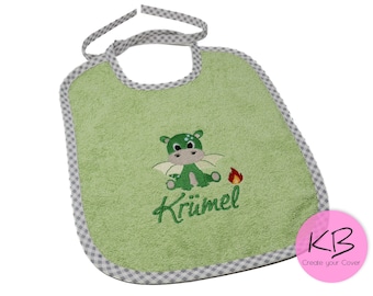 Bib to tie with name and dragon motif embroidered, gift for birth, baptism, baby bib personalized, bib with name
