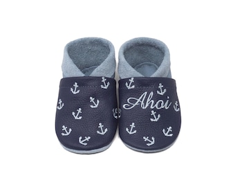 Personalized leather baby shoes with a nautical anchor motif, genuine leather kindergarten shoes, christening gift, baby shoes made of soft leather
