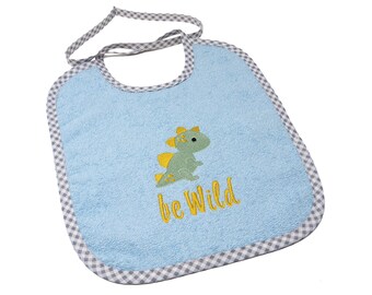Bib to tie with name and motif Dino embroidered, gift for birth, baptism, baby shower, baby bib personalized, bib with name