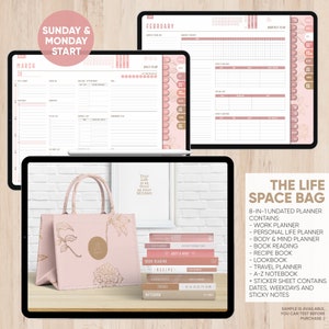 May include: A pink tote bag with floral designs and gold accents. The bag is filled with various planners and notebooks, including a "Book Reading", "Recipe", "Travel", and "Notebook" planner. The text "The Life Space Bag" and "8-in-1 Undated Planner" is displayed on a white background.