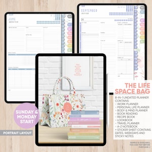 May include: A white tote bag with floral print and a stack of colorful planners and notebooks. The bag is labeled "The Life Space Bag" and contains 8-in-1 undated planners, including a work planner, personal life planner, body and mind planner, book reading, recipe book, lookbook, travel planner, and A-Z notebook. The bag also includes a sticker sheet with dates, weekdays, and sticky notes.