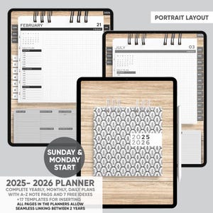 May include: A digital planner with a gray and white geometric pattern cover. The planner is open to a page with a calendar for February 2025. The planner is on a wooden surface with a white pen.