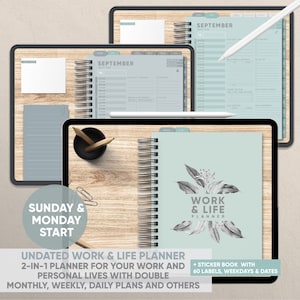 May include: A teal blue undated work and life planner with a floral design. The planner has a spiral binding and includes a sticker book with 60 labels, weekdays, and dates. The planner is designed for both work and personal life, with monthly, weekly, and daily plans.