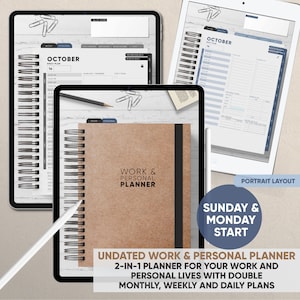 May include: A brown and black planner with the text "Work & Personal Planner" on the cover. The planner is undated and includes monthly, weekly, and daily plans. The planner is designed for both work and personal use.