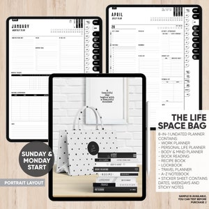May include: A white and black polka dot tote bag with a black handle sits on a wooden surface with a stack of black and white planners. The planners are labeled "Work Life Planner", "Book Reading", "Recipe", "Lookbook", "Travel Notebook". The text "The Life Space Bag" is in black text on a white background. The text "8-in-1 Undated Planner Contains" is in black text on a white background. The text "Work Planner, Personal Life Planner, Body & Mind Planner, Book Reading, Recipe Book, Lookbook, Travel Planner, A-Z Notebook + Sticker Sheet Contains Dates, Weekdays and Sticky Notes" is in black text on a white background. The text "Sample is available, you can test before purchase :)" is in black text on a white background.