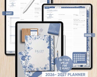 2026-2027 Digital Planner | Hyperlinked 2 Year Dated Planner | A-Z Notes | Goodnotes, Penly, Notability, NoteShelf