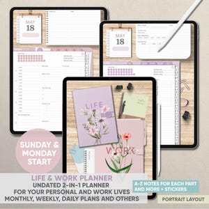 May include: Digital planner with a light purple cover that says "LIFE" with a floral design. The image shows a digital planner with monthly, weekly, and daily plans. The text says "LIFE & WORK PLANNER" and "SUNDAY & MONDAY START".