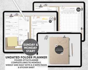 Undated Folder Planner- Folder-Style Planner with Monthly, Weekly and Daily Plans with A-Z Note Part - for GoodNotes, Notability, PDF apps