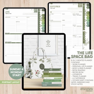 May include: A white tote bag with a green floral pattern and the text "The Bravest Thing You Can Be Is Yourself" on a white sign behind it. The bag is filled with eight different planners, including a work planner, personal life planner, body and mind planner, book reading planner, recipe book, lookbook, travel planner, and a-z notebook. The text "The Life Space Bag" is written in black on a white background with a green border.