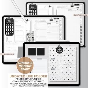 May include: Digital planner with a black and white design. The image shows a tablet with a daily journal, daily plan, and a folder-style planner. The folder has a polka dot pattern and the text "connect your dots & embrace the journey."
