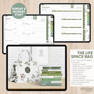 May include: A green and white floral tote bag with the text "The Life Space Bag" and a list of planner items included: Work Planner, Personal Life Planner, Body & Mind Planner, Book Reading, Recipe Book, Lookbook, Travel Planner, A-Z Notebook, and Sticker Sheet. The bag is sitting on a wooden table with a stack of books.