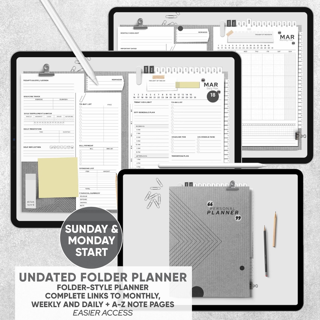 Weekly Creative Folder Undated Digital Folder Planner | Hyperlinked for Monthly, Weekly, Daily ...
