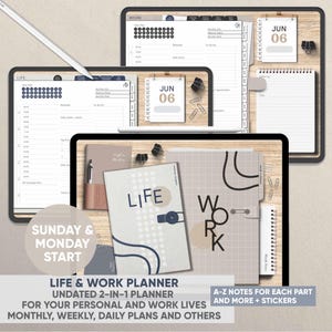 Undated Digital Planner Life & Work, Hyperlinked Dual Hub - Meeting Notes, Project, Timetable, Wellness + Stickers - iPad, Goodnotes, Penly