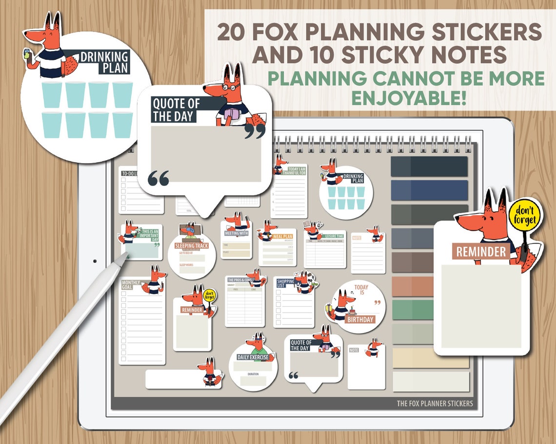 20 Fox DIGITAL Planner Stickers with 10 Sticky Notes PNGs
