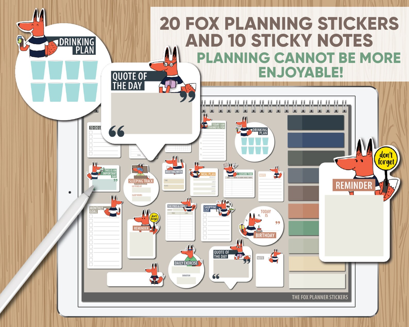 20 Fox DIGITAL Planner Stickers With 10 Sticky Notes Pngs | Etsy