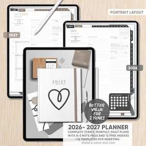 Digitale planner 2026-2027 | Gelinkte planner voor 2 jaar | A-Z-opmerkingen | Goodnotes, Penny, Notability, Notitieplank