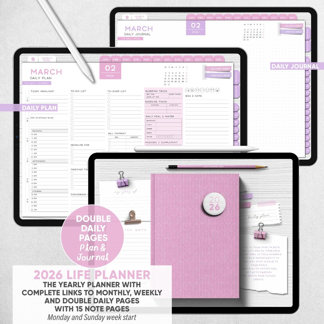 2026 Digital Life Planner | Hyperlinked Monthly, Weekly, Double Daily ...