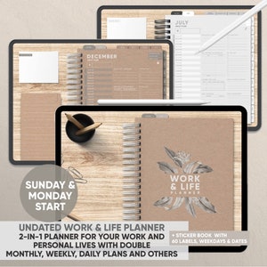 May include: A brown and white undated work and life planner with a floral design. The planner has a spiral binding and includes a sticker book with 60 labels, weekdays, and dates. The planner is designed for both work and personal life.