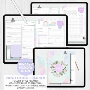 May include: A collection of digital planners displayed on tablets. The planners feature a pastel color scheme with floral accents. The text on the cover reads "2026 Folder Planner" and "2028". The layouts include monthly, weekly, and daily pages.