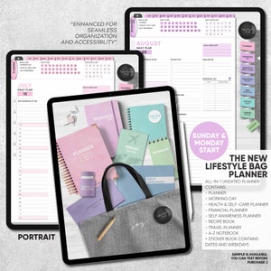 May include: A gray tote bag with a variety of colorful planners and notebooks inside. The planners and notebooks are labeled with different categories, such as "Working Day", "Recipe Book", "Travel Planner", "Self Awareness", and "Financial Planner". The text "The New Lifestyle Bag Planner" is displayed on the right side of the image.