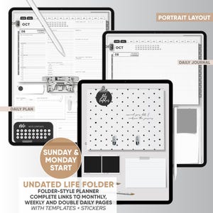 May include: Digital undated life folder planner with monthly, weekly, and daily pages. The planner includes templates and stickers. The image shows a black and white polka dot design with the text "connect your life & embrace the journey."