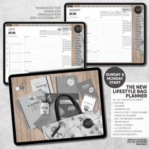 May include: A black and white image of a digital planner on a tablet screen. The planner is open to the month of July and has a daily planner section. The image also includes a variety of other planners, notebooks, and a tote bag, all in black and white. The text "The New Lifestyle Bag Planner" is visible in the bottom right corner of the image.