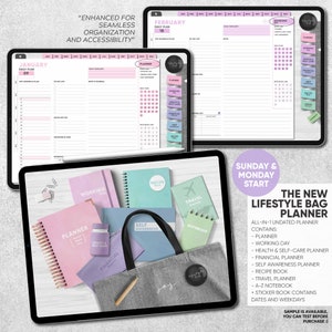 May include: A set of colorful planners and notebooks in a gray tote bag. The planners include a daily planner, a working day planner, a health and self-care planner, a financial planner, a self-awareness planner, a recipe book, a travel planner, and a notebook. The text "The New Lifestyle Bag Planner" is displayed on the image.