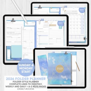 Puede incluir: Planificador de carpetas digital 2026 con un diseño azul y dorado. El planificador incluye páginas mensuales, semanales y diarias, además de páginas de notas A-Z. La imagen muestra una vista de calendario para mayo y el texto "Sunday & Monday Start".