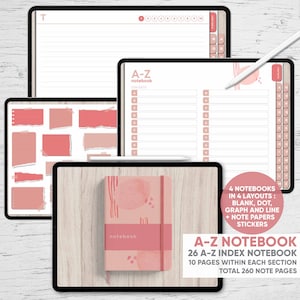 Könnte beinhalten: Vier digitale Notizbücher mit abstrakten Designs in Rosa und Weiß. Die Notizbücher sind mit "A-Z notebook" beschriftet und haben einen Inhaltsbereich mit dem Alphabet. Der Text "4 notebooks in 4 layouts: blank, dot, graph and line + note papers stickers" und "A-Z notebook 26 A-Z index notebook 10 pages within each section total 260 note pages" ist ebenfalls sichtbar.