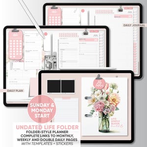 May include: Digital planner displayed on tablets. The planner features pink accents, including a "Note" section, daily and weekly schedules, and a floral design. Text includes "Daily Journal" and "Undated Life Folder".