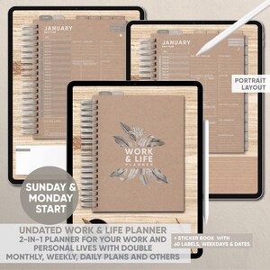 May include: A brown undated work and life planner with a floral design. The planner has a spiral binding and includes monthly, weekly, and daily plans. It also includes a sticker book with 60 labels, weekdays, and dates.