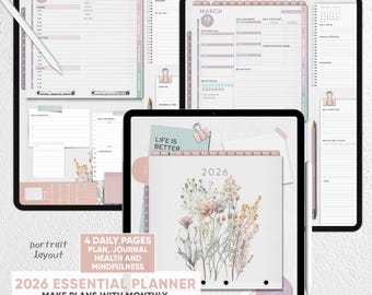 2026 Essential DIGITAL Planner | 4 Daily Pages | Daily Plan, Journal, Healthy, Mindful | Goodnotes, Penly, Noteful