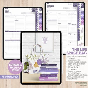 May include: A floral patterned tote bag with a stack of planners and notebooks underneath. The planners and notebooks have titles such as "Work", "Body & Mind", "Book Reading", "Recipes", "Language", "Travel", and "Notebook". The tote bag is labeled "The Life Space Bag" and says "8-in-1 Undated Planner Contains: Work Planner, Personal Life Planner, Body & Mind Planner, Book Reading, Recipe Book, Lookbook, Travel Planner, A-Z Notebook + Sticker Sheet Contains Dates, Weekdays and Sticky Notes".