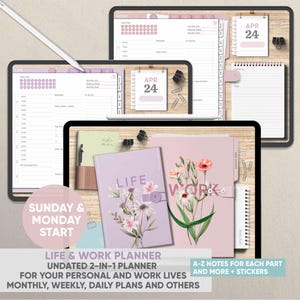May include: Digital planner with a light purple cover labelled "LIFE" and a pink cover labelled "WORK", both with floral designs. The image also shows digital planning pages and the text "LIFE & WORK PLANNER" and "UNDATED 2-IN-1 PLANNER".