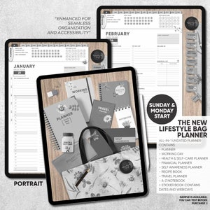May include: A black and white image of a digital tablet displaying a planner with the text "Sunday & Monday Start" and "The New Lifestyle Bag Planner". The tablet is surrounded by various planner notebooks, including a "Working Day" planner, a "Recipe" planner, a "Travel Planner", a "Self Awareness" planner, a "Health & Self-Care" planner, and a "Financial Planner".