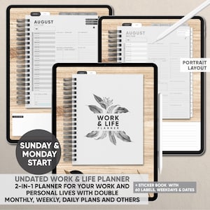 May include: A gray and white undated work and life planner with a floral design on the cover. The planner includes monthly, weekly, and daily plans. It also includes a sticker book with 60 labels, weekdays, and dates.