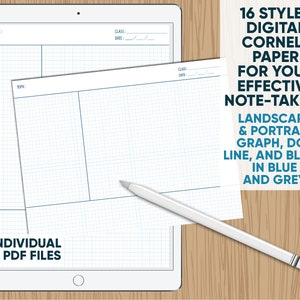 Może przedstawiać: Tablet cyfrowy wyświetlający 16 różnych stylów papieru do notatek w stylu Cornell. Papier jest dostępny w formatach poziomym i pionowym, z opcjami siatki, kropek, linii i pustego. Papier jest dostępny w kolorze niebieskim i szarym. Tekst na ekranie brzmi "16 Styles Digital Cornell Paper for Your Effective Note-Taking Landscape & Portrait Graph, Dot Line, and Blank in Blue and Grey 16 Individual PDF Files".