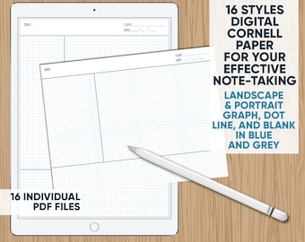 16 styles of DIGITAL Cornell Paper in Portrait and Landscape - with 2 different colors -Great tools for study- for GoodNotes and Notability