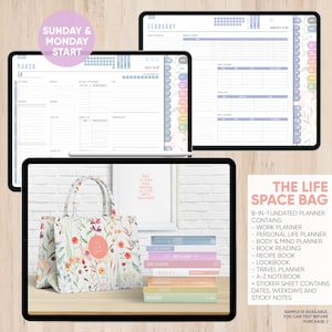 May include: A white tote bag with a floral pattern and the text "The Life Space Bag" printed on it. The bag is surrounded by a stack of colorful notebooks with titles like "Recipe", "Travel Planner", "Lookbook", and "Body & Mind".