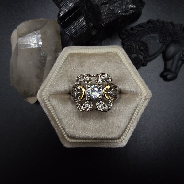 ART DECO Ring | 2 Tone, Silver and Gold Ring | Cluster Style Halo Ring |  April Birthstones |  Sold By PNWWildCabinDesigns