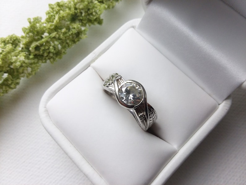 Sold By PNWAprilDawn Size8 US - WeddingEngagementLover- Bezel Set- Sterling Silver Holiday Price Cut! Sim. LEAF Diamond Ring