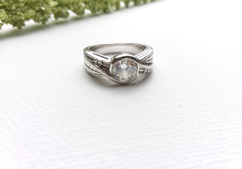 Sold By PNWAprilDawn Size8 US - WeddingEngagementLover- Bezel Set- Sterling Silver Holiday Price Cut! Sim. LEAF Diamond Ring