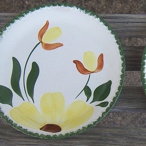 May include: Two round ceramic plates with a white base and a hand-painted floral design. Each plate features a large yellow flower at the bottom, two smaller orange and yellow buds on stems, and green leaves. The rims have a textured green border.