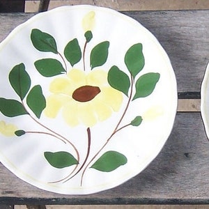 May include: Two white ceramic plates with a hand-painted floral design. Each plate features a large yellow flower with a brown center, green leaves, and yellow buds. The rims have a scalloped edge.