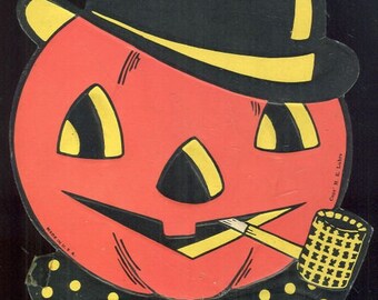 Vintage Orange Jack O' Lantern with Black Hat Cardboard Halloween Decoration
