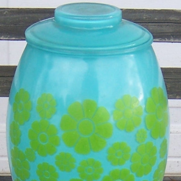 Bartlett Collins Turquoise Green Flowers Glass Cookie Jar Lid Vintage Decorative Retro Kitchen