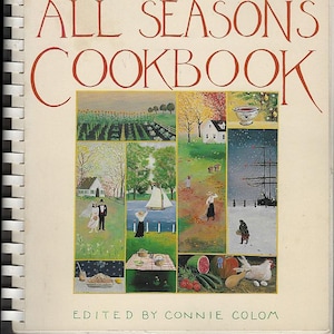 May include: A spiral-bound cookbook titled "All Seasons Cookbook" with the text "The Mystic Seaport" at the top. The cover features a collage of seasonal scenes, including a garden, a snowy landscape, and a picnic.