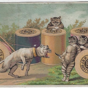 Carte commerciale victorienne de J.P. Coats's Thread Des chats entourés de bobines de fil taquinant un chien en laisse