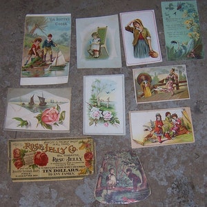 Lot of Ten Scrap Victorian Trade Cards Featuring Children, Roses and Rose Jelly Label Art Projects Journals Scrapbooking Antique Paper
