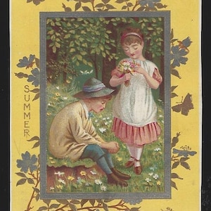 May include: A vintage illustration of two children in a summer garden. A girl in a white dress with a pink skirt holds a bouquet of flowers. A boy in a brown jacket and blue pants sits on the ground. The image is surrounded by a yellow border with gold leaf details.